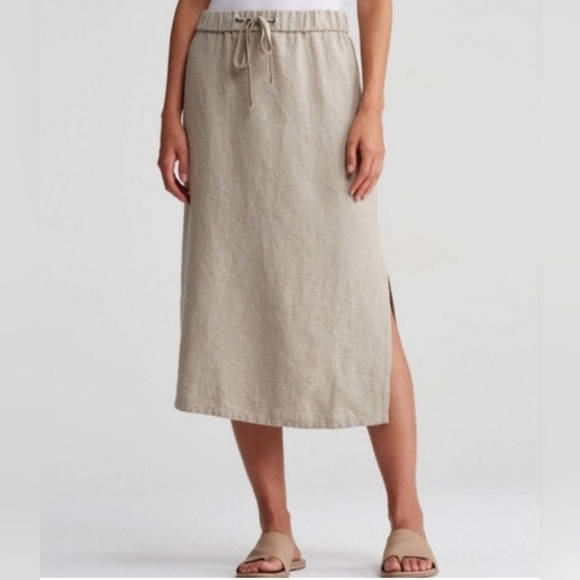 EILEEN FISHER Organic-Linen Midi Skirt Elastic Waist Drawstrings Khaki Size L - Picture 11 of 12